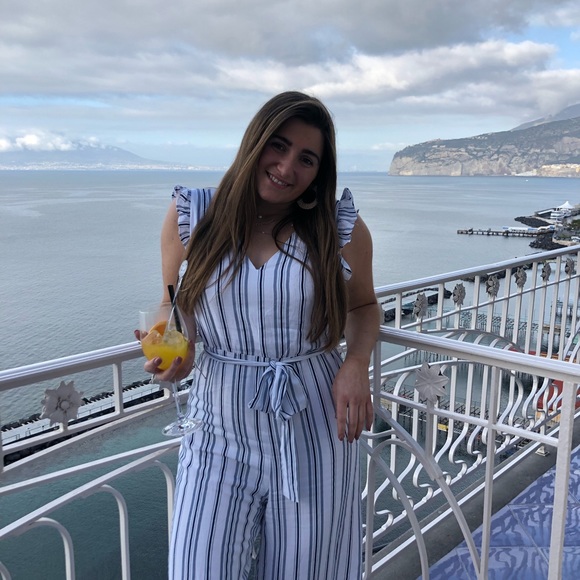 Lulu’s navy blue and white stripe jumpsuit - Picture 3 of 3